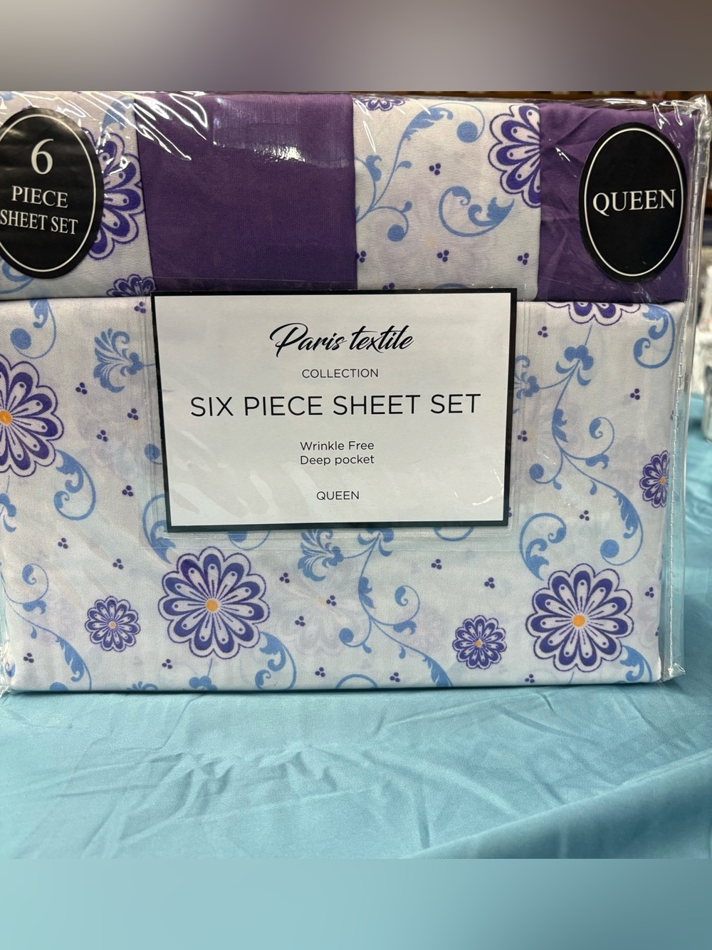 6Pc Queen Floral Sheets Set in White and Purple